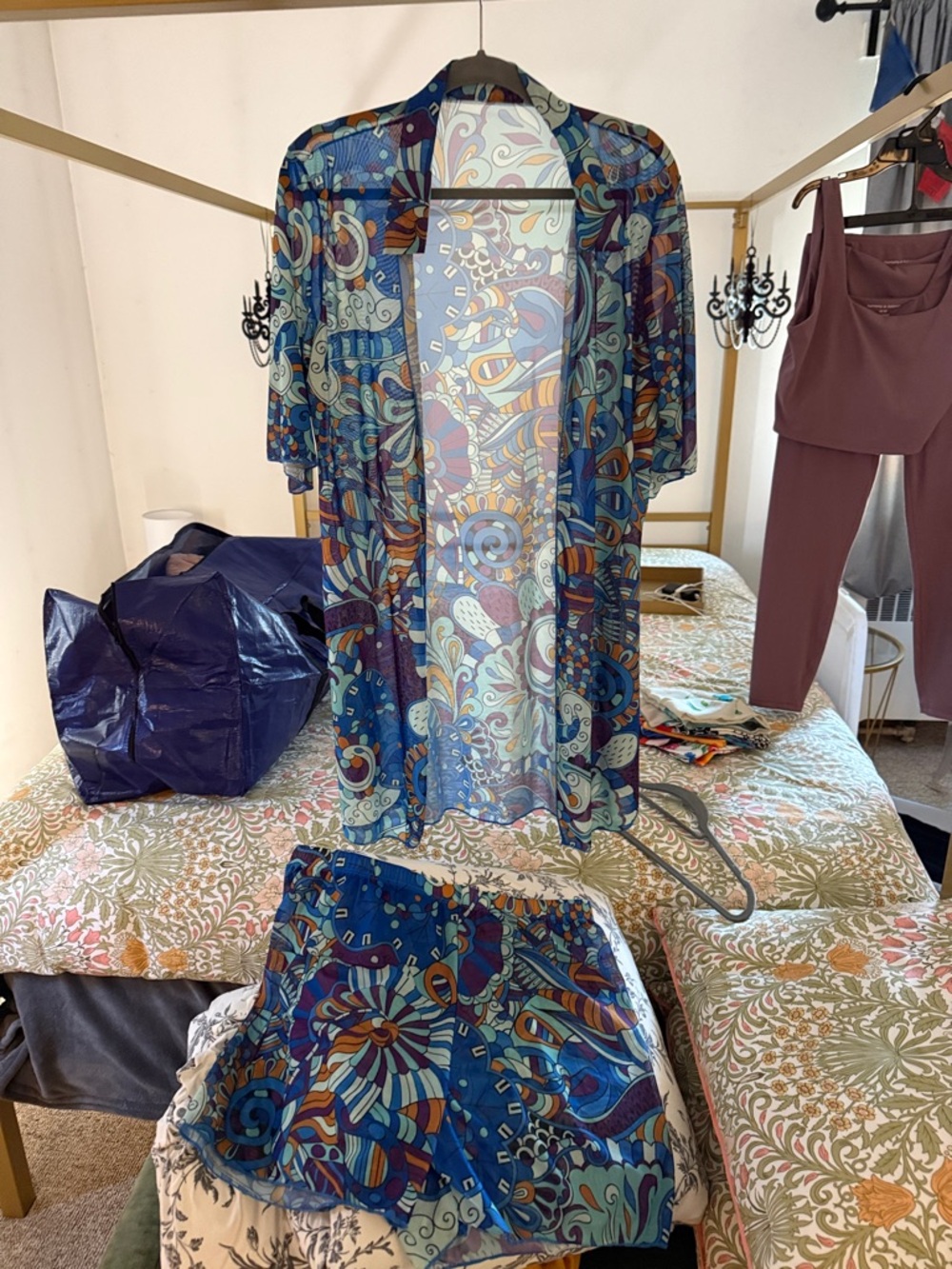 Boho Blue Paisley Sheer Kimono & Shorts Set